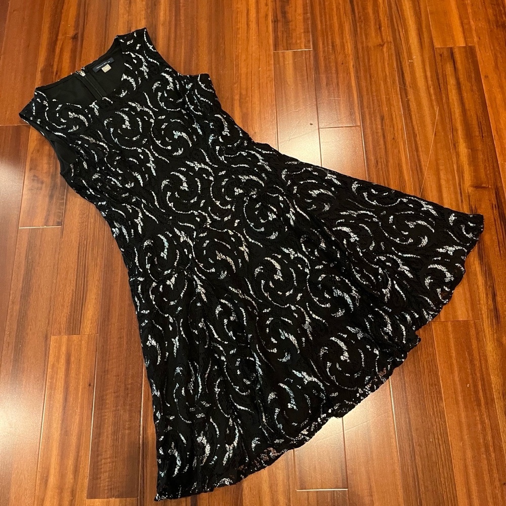 TOMMY HILFIGER‎ Black Silver Swirl Metallic Lace Sleeveless A-Line Dress Size 6